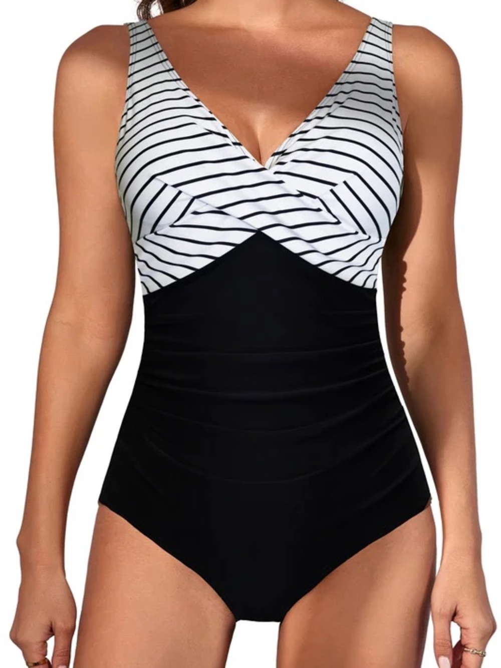White & Black Striped Cross V-Neck One-Piece Swimsuit - Sz. L - NWT